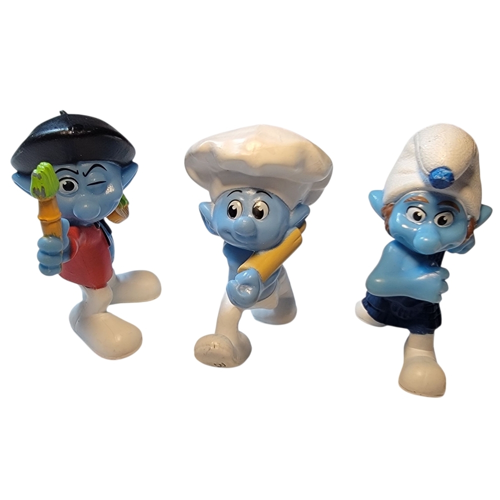 (3) Peyo Mcdonalds Smurf Toy Figures Baker Painter Gutsy 3"